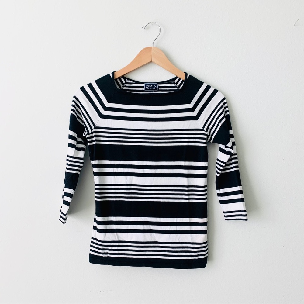 Chaps Black White Striped Boatneck 3/4 Sleeve Top